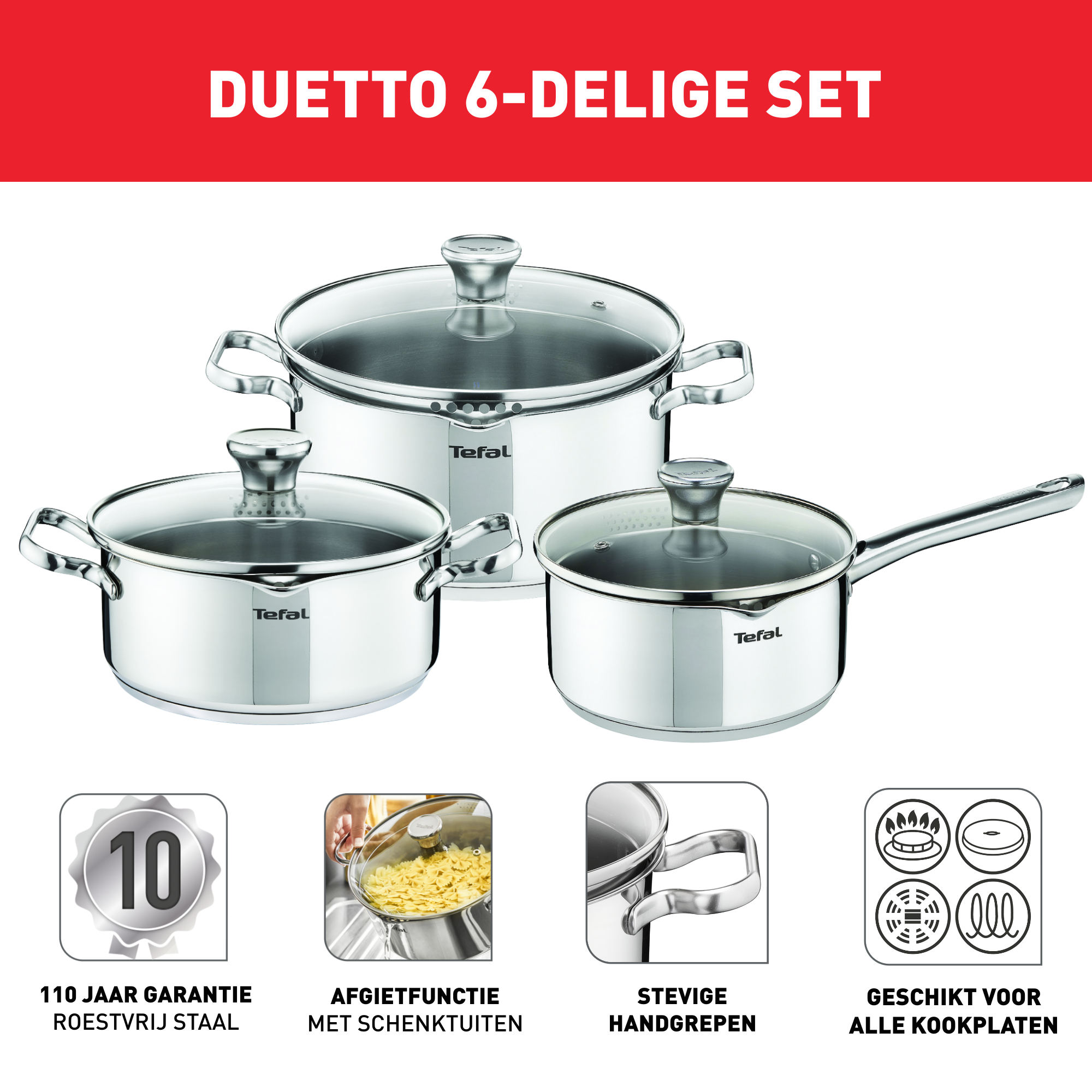 Duetto A705S636 Set van steelpan 16cm + 2 kookpotten 20/24 cm + 3 deksels