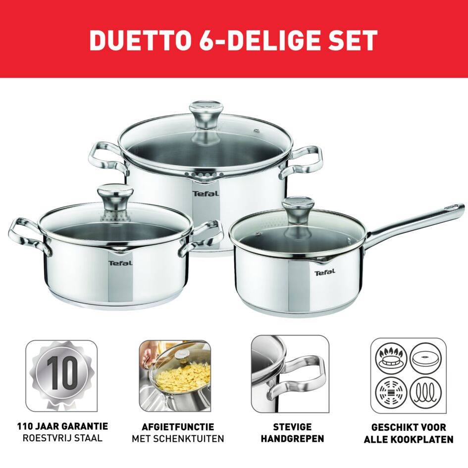 Duetto A705S636 Set van steelpan 16cm + 2 kookpotten 20/24 cm + 3 deksels