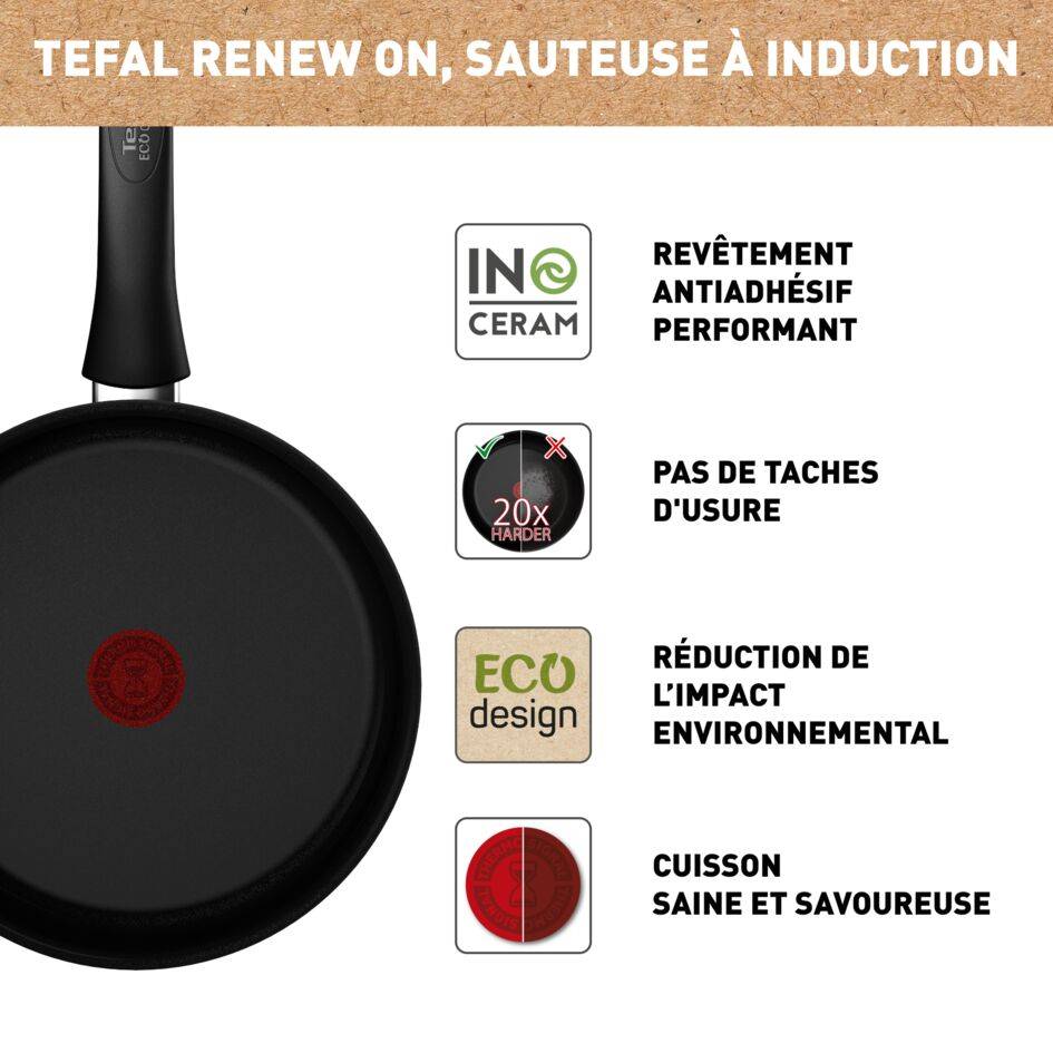 Renew Black On C4353232 Sauteuse en céramique + couvercle en verre - 24 cm - Induction
