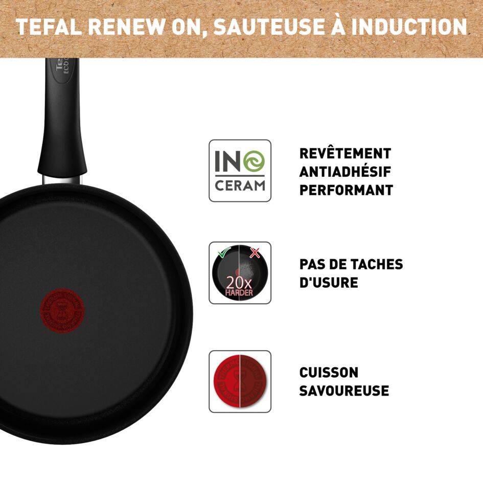 Renew Black On C4353232 Sauteuse en céramique + couvercle en verre - 24 cm - Induction