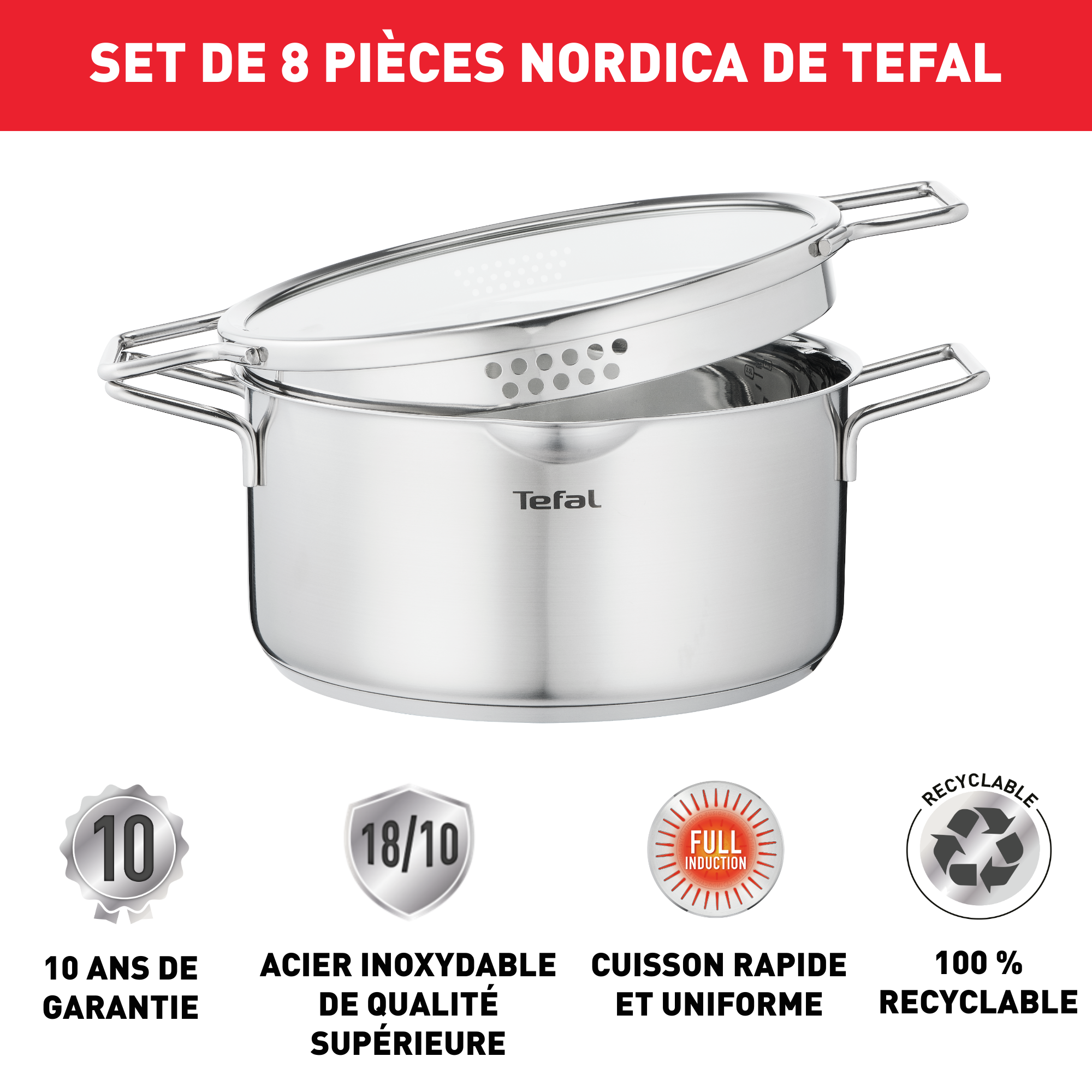 Nordica H852S855 Set de 4 casseroles inox 16/18/20/24 cm + 4 couvercles