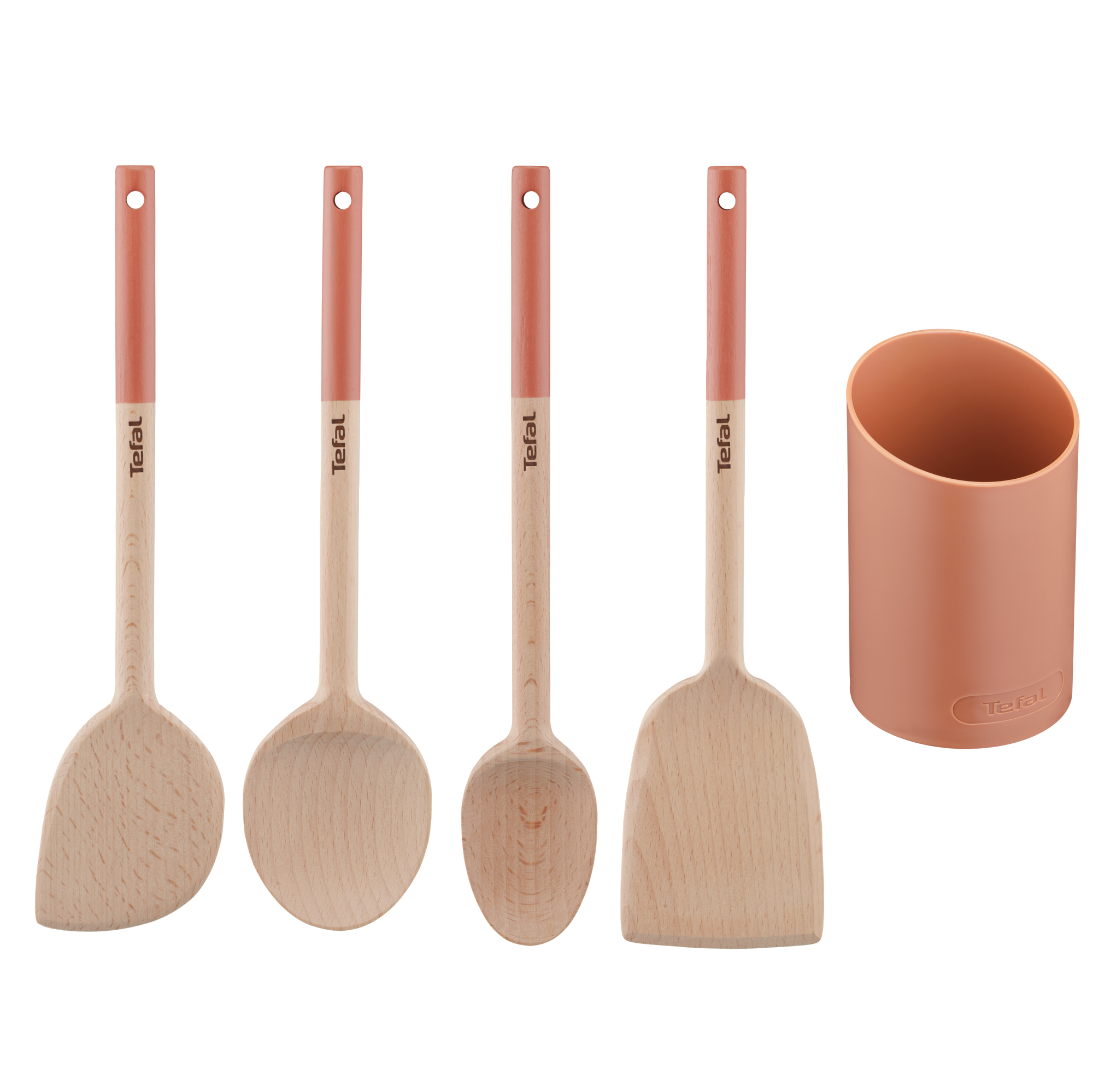 Natura K2705S04 Houten accessoireset met houder - schuine spatel + grote lepel + kleine lepel + spatel + houder - Terracotta