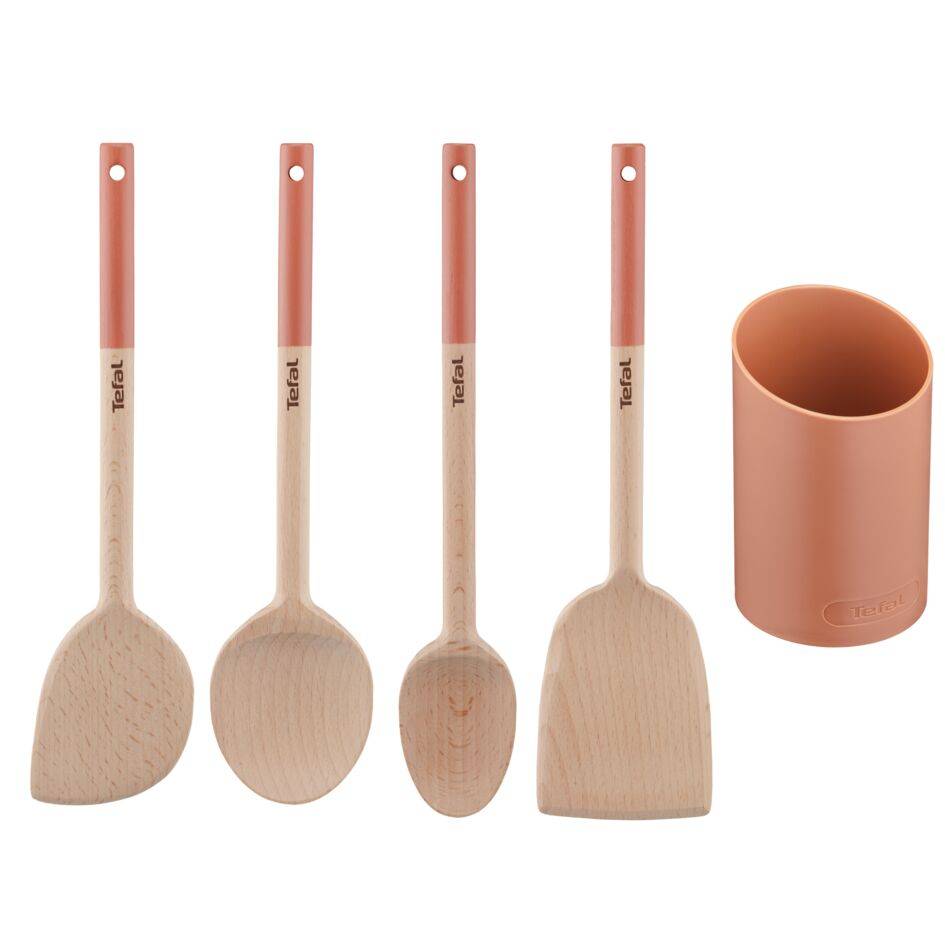 Natura K2705S04 Houten accessoireset  met houder - schuine spatel + grote lepel + kleine lepel + spatel + houder - Terracotta