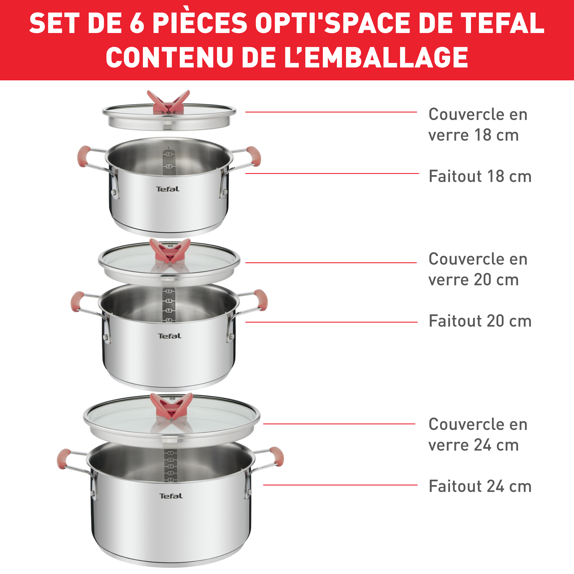 Opti'Space G720S674 Set de 3 casseroles 18/20/24 cm + couvercles - Induction