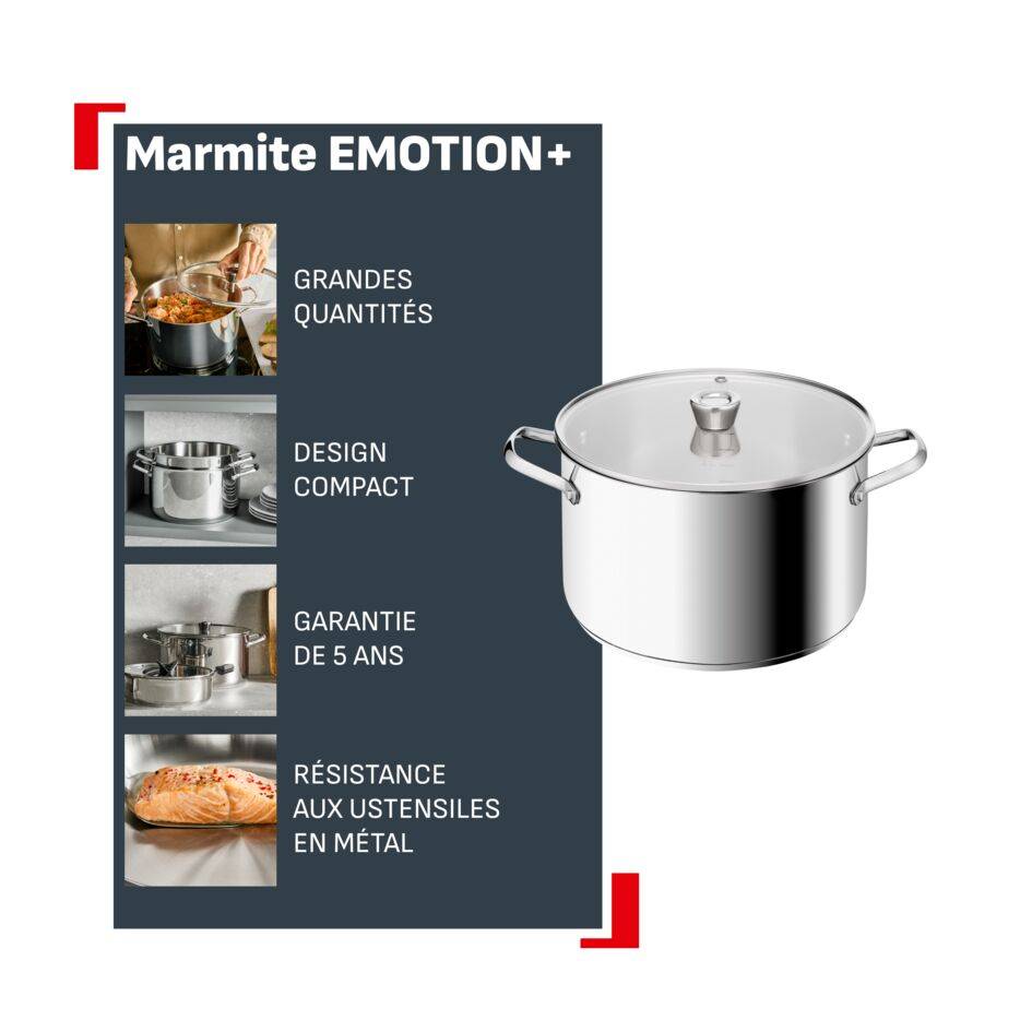 Emotion+ XL, Marmite 30&nbsp;cm + couvercle, Acier inoxydable, Garantie 5&nbsp;ans, Induction