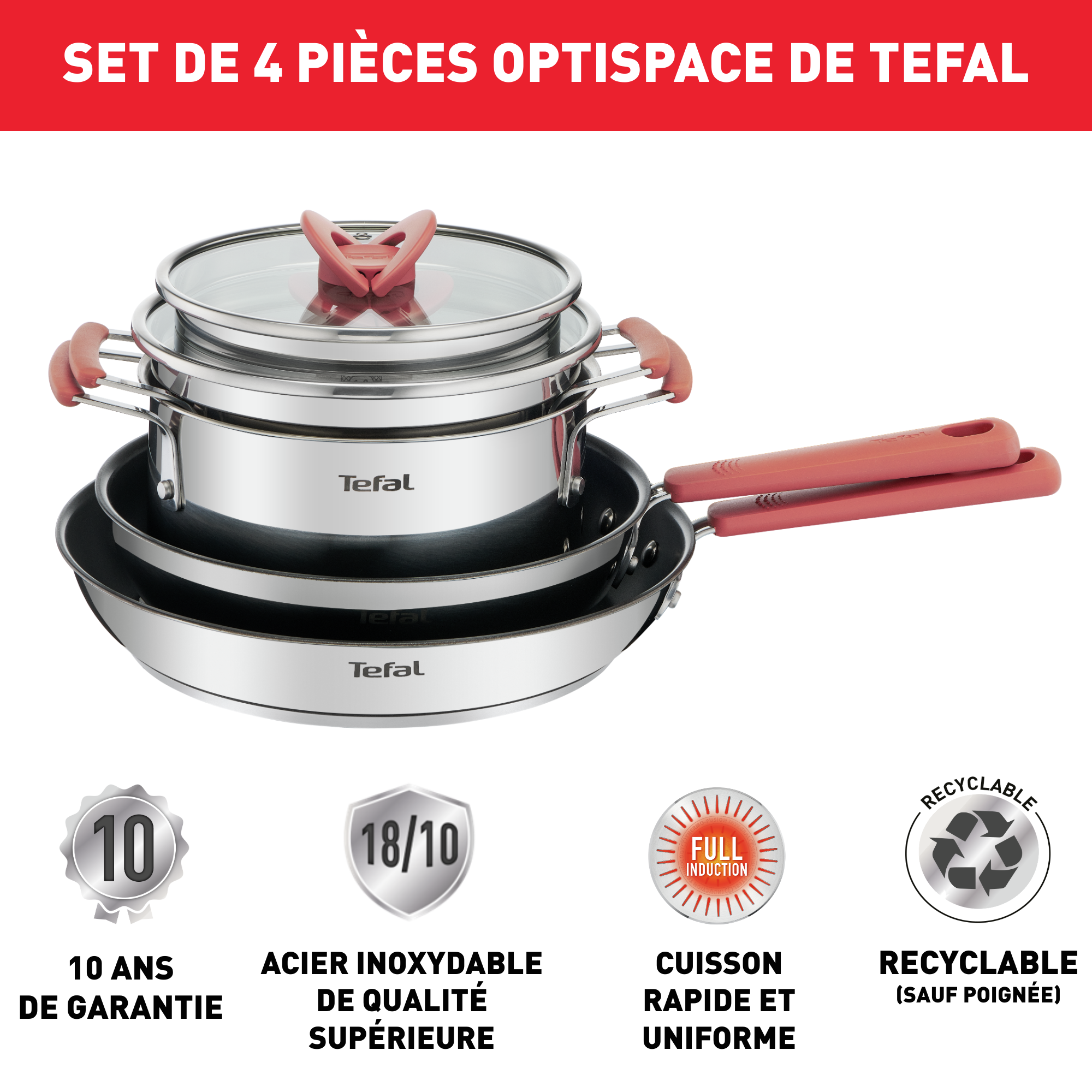Opti'Space G720S604 Set de 6 pièces - poêles 24/28 cm + faitouts 18/20 cm + 2 couvercles