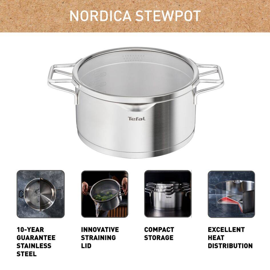 Nordica H8524636 Casserole + couvercle passoire en verre - 24 cm - Induction