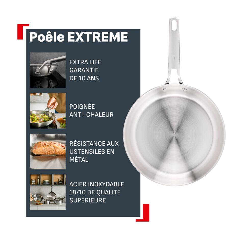 Extreme, Poêle 28 cm, Acier inoxydable de qualité supérieure, Garantie 10 ans, Induction