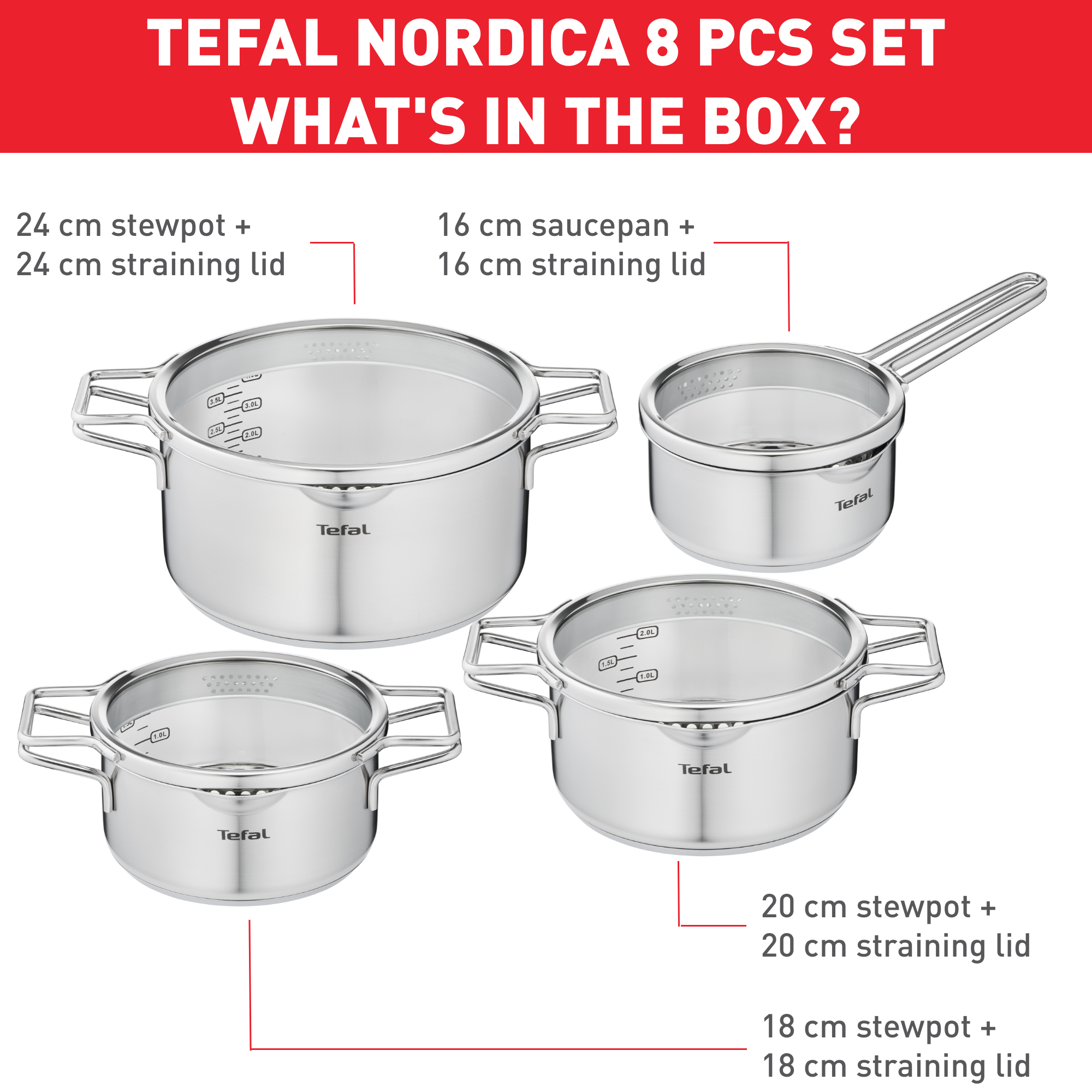 Nordica H852S855 Set van 4 inox kookpotten 16/18/20/24 cm + 4 deksels