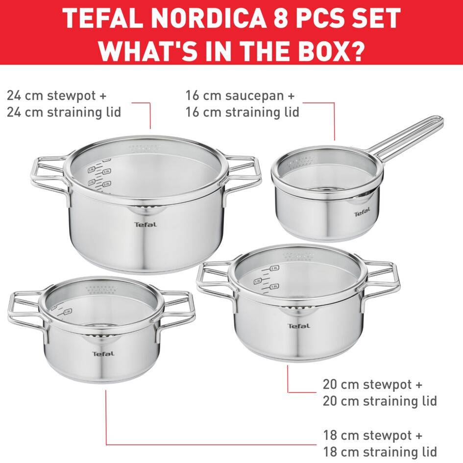 Nordica H852S855 Set de 4 casseroles inox 16/18/20/24 cm + 4 couvercles