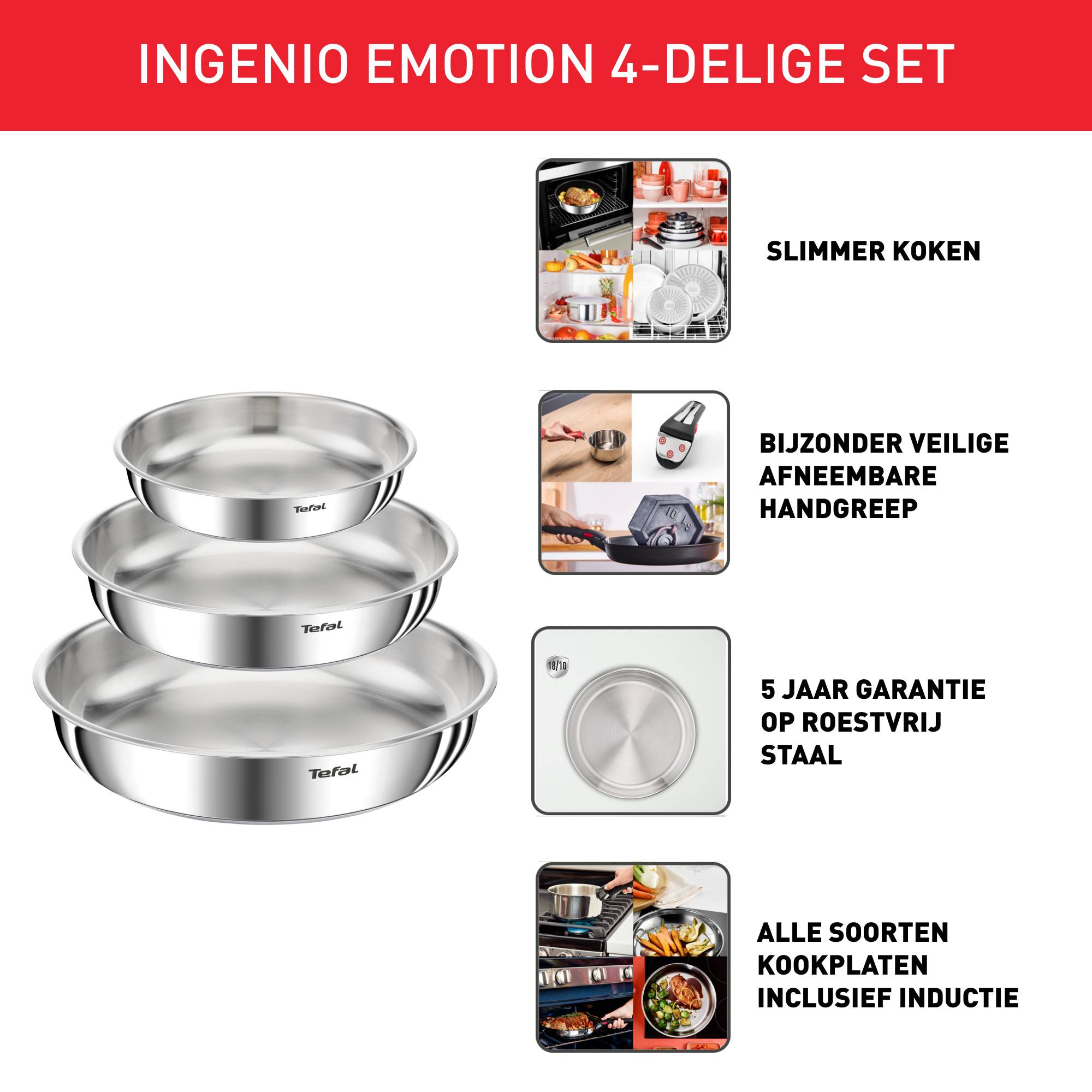 Ingenio Emotion L8968445  Set van 3 pannen 22/24/28 cm + afneembare handgreep - Inductie