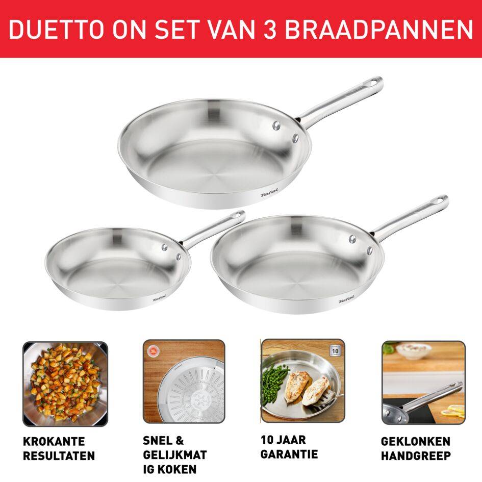 Duetto On, set 3 braadpannen 20/24/28 cm, premium roestvrij staal, 10 jaar garantie, krokante resultaten