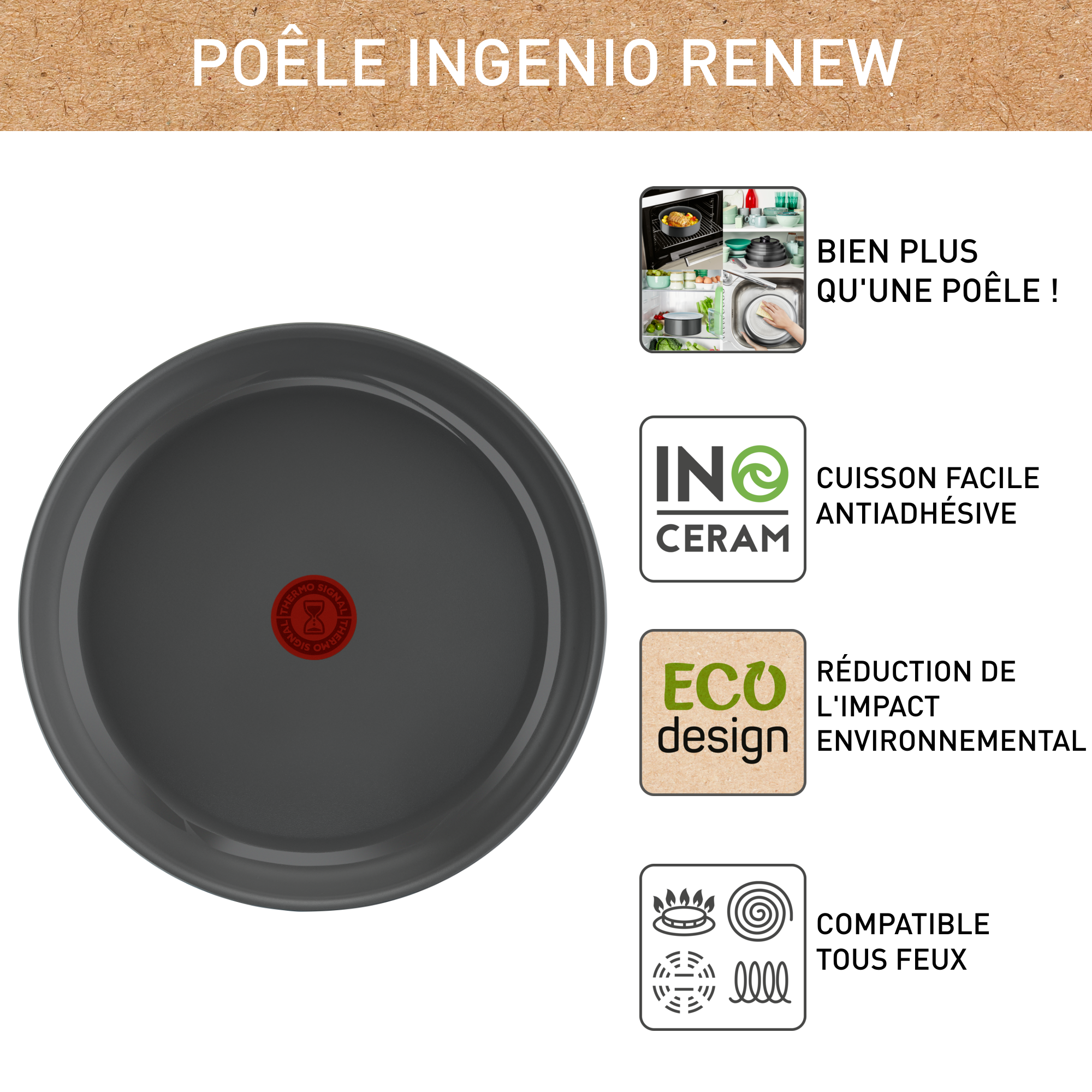 Ingenio Renew On L2600602 Poêle en céramique à poignée amovible - 28 cm - Induction