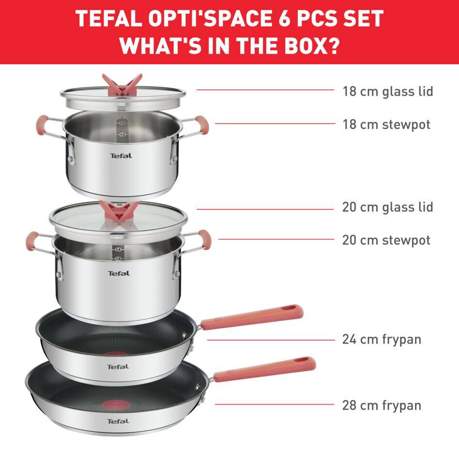 Opti'Space G720S604 Set van 6 stuks - pannen 24/28 cm + braadpannen 18/20 cm + 2 deksels