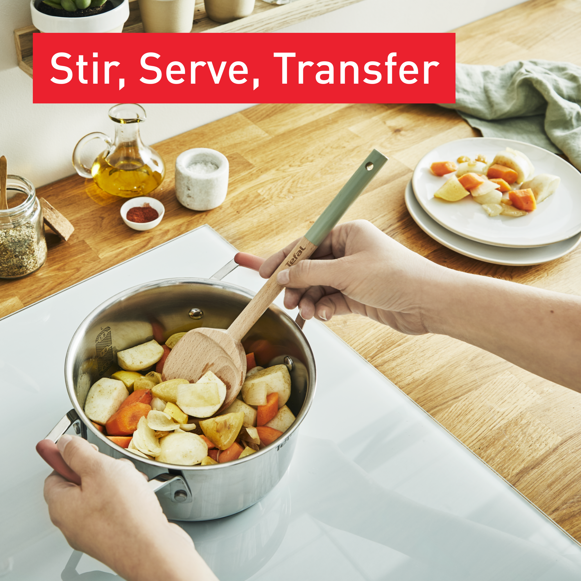 Natura K270S504 Set d'ustensiles en bois 28 cm  : Cuillère large + Spatule + Maryse + Cuillère + pot - Sauge