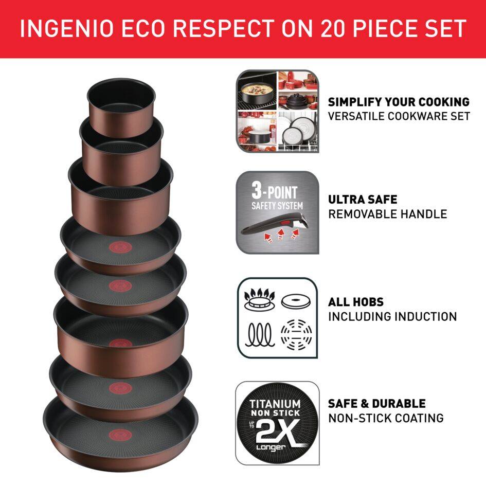 Ingenio Eco Respect L7609902 20-delige set: 4 braadpannen 22/24/26/28cm + 3 steelpannen 16/18/20cm + sauteerpan 24cm + 6 deksels + 2 handgrepen + 4 accessoires