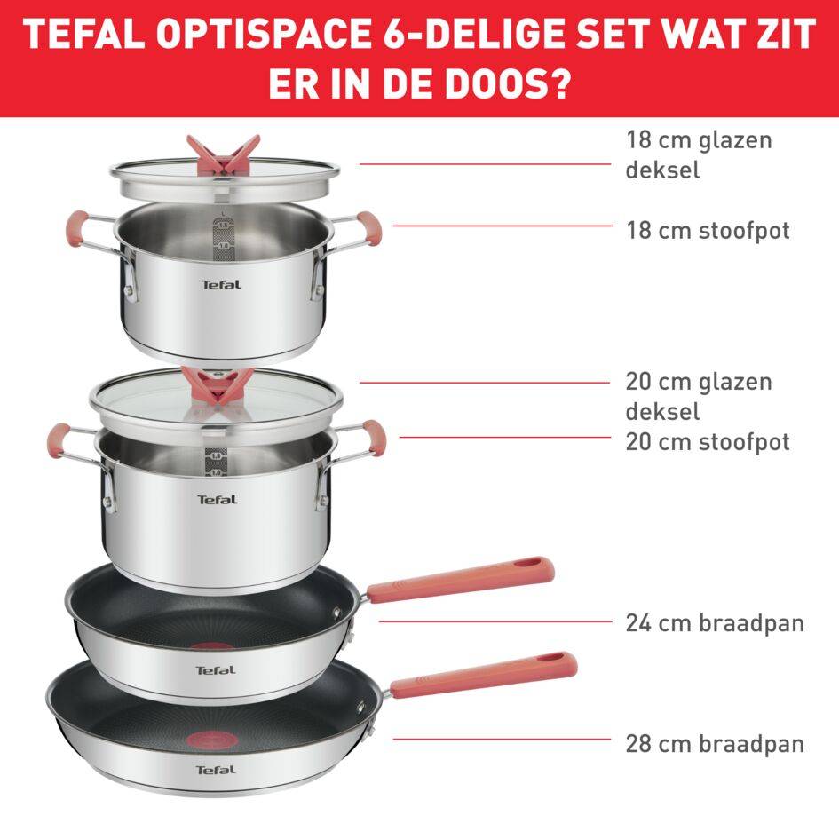 Opti'Space G720S604 Set van 6 stuks - pannen 24/28 cm + braadpannen 18/20 cm + 2 deksels