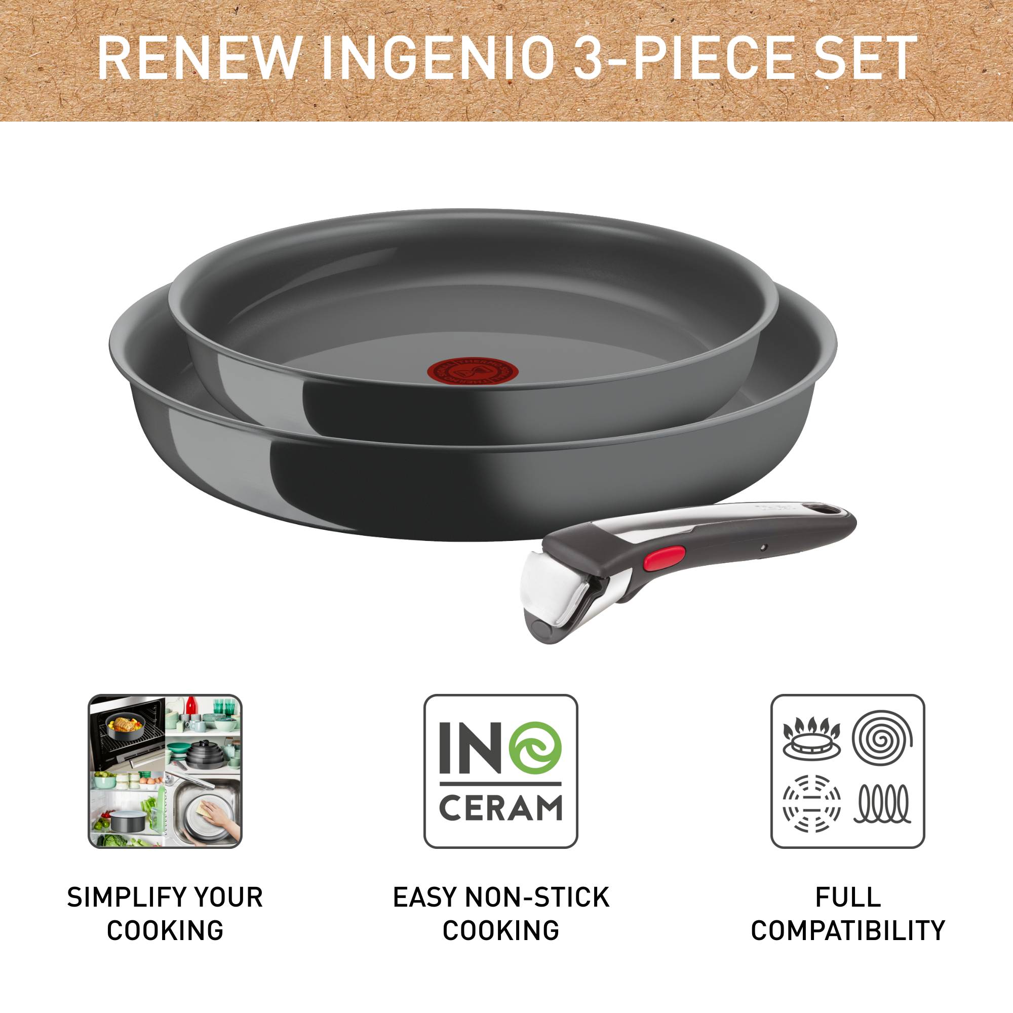 Ingenio Renew On L2619102 Set van 2 keramische pannen 24/28 cm + afneembare handgreep - Inductie
