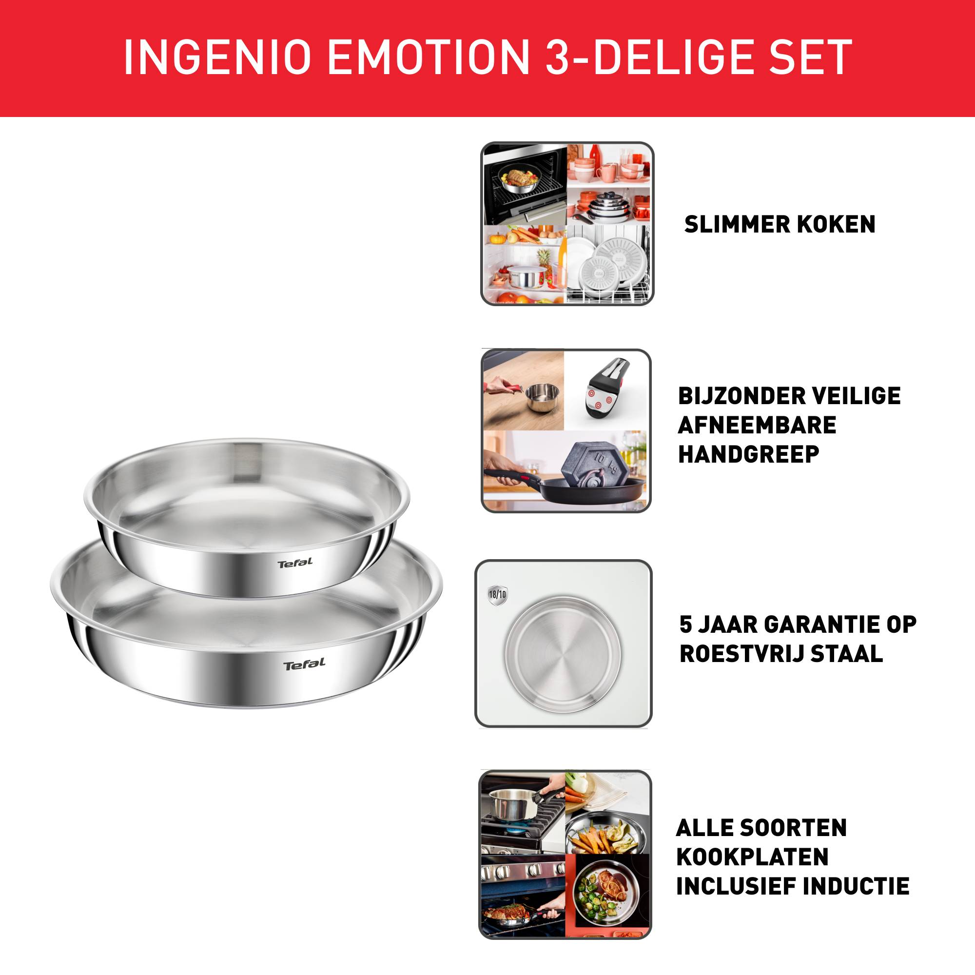 Ingenio Emotion L8969345 Set van 2 pannen 24/28 cm + afneembare handgreep - Inductie