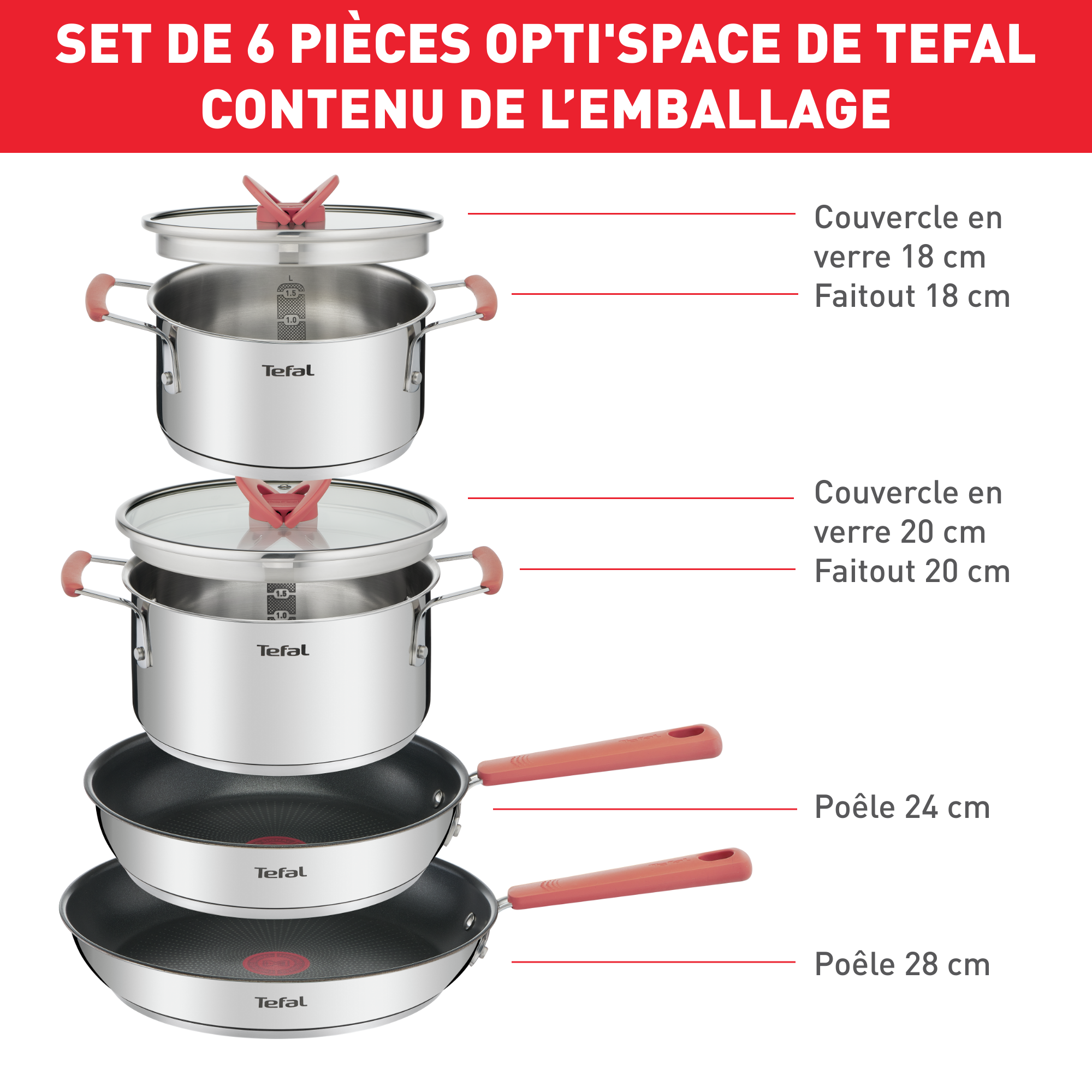 Opti'Space G720S604 Set de 6 pièces - poêles 24/28 cm + faitouts 18/20 cm + 2 couvercles