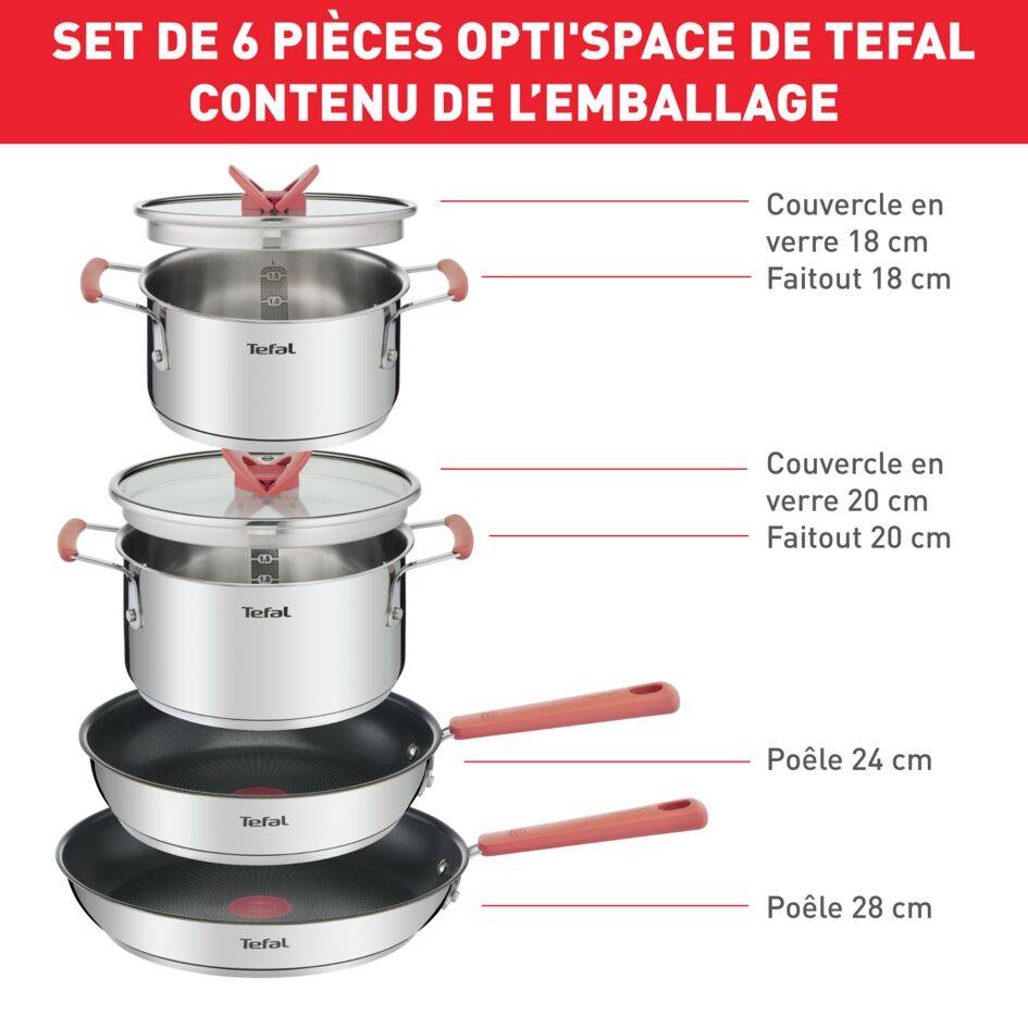 Opti'Space G720S604 Set de 6 pièces - poêles 24/28 cm + faitouts 18/20 cm + 2 couvercles