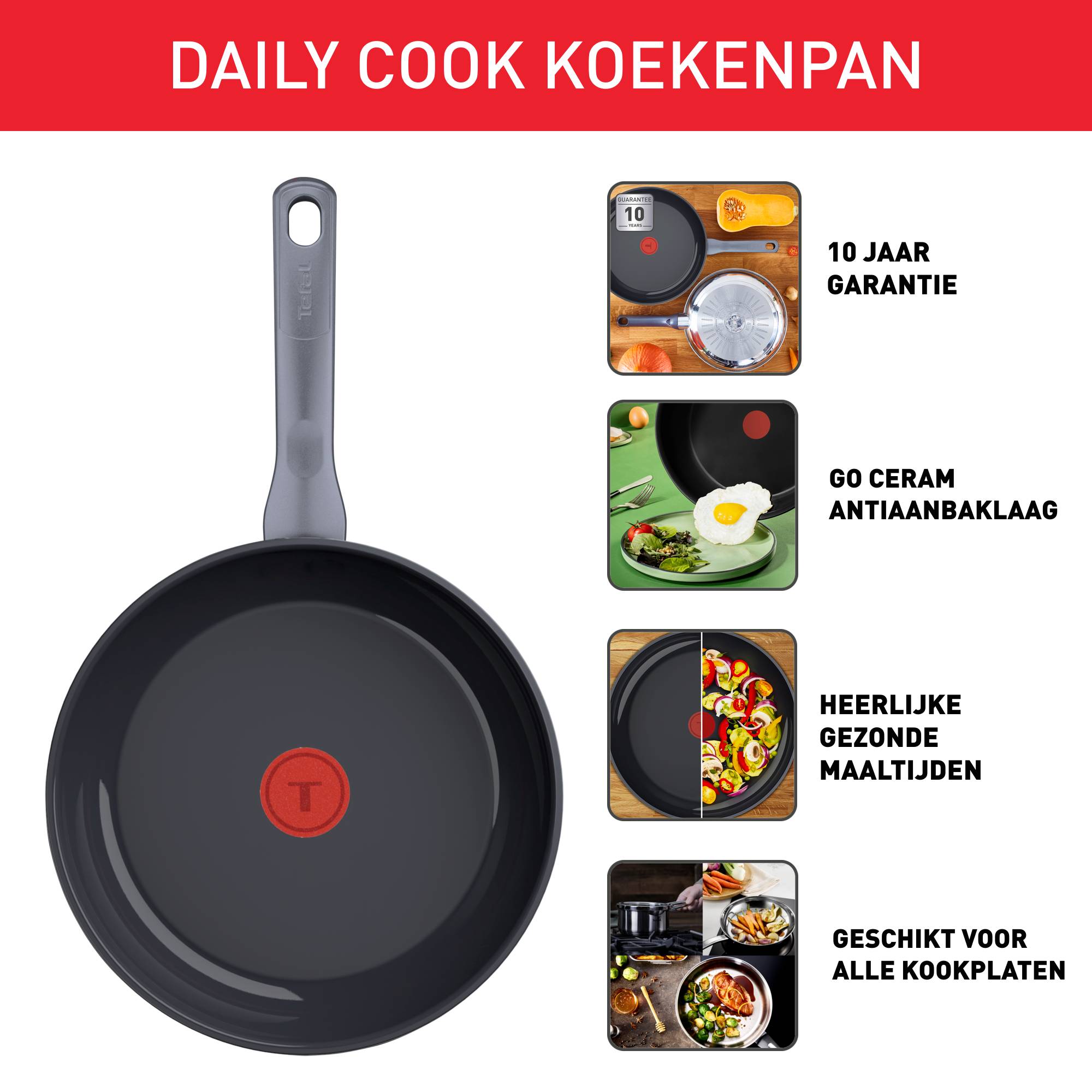 Daily Cook braadpan 28 cm, 10 jaar garantie, ergonomische handvatten die niet warm worden, handige schenkranden