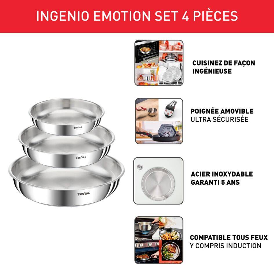 Ingenio Emotion L8968445 Set de 3 poêles 22/24/28 cm + poignée amovible - Induction