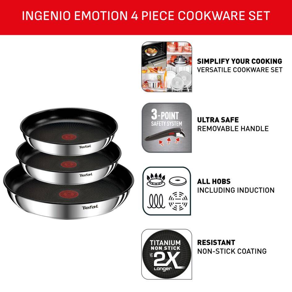 Ingenio Emotion L8974S45 Set de 3 poêles 22/24/28&nbsp;cm + poignée amovible - Induction
