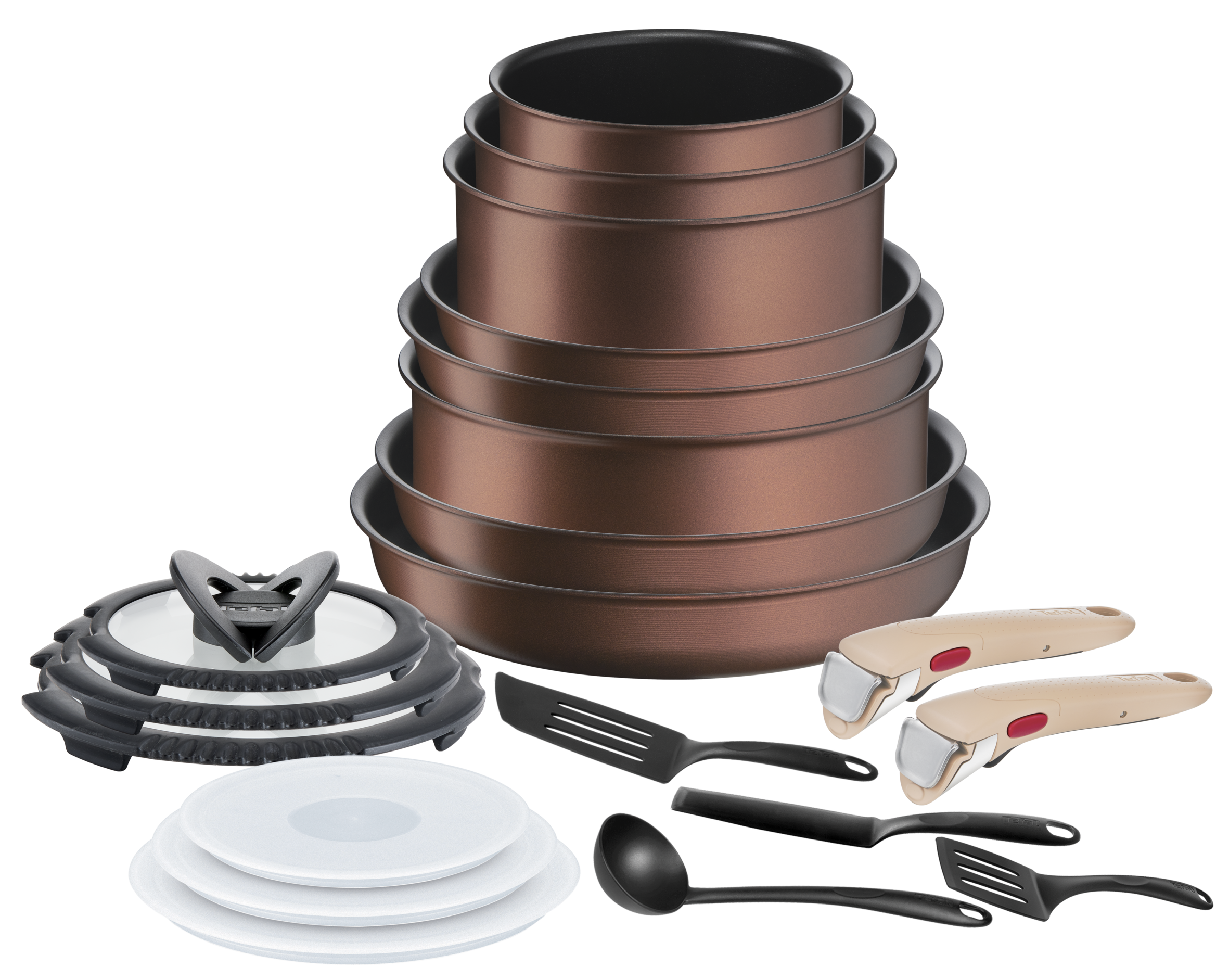 Ingenio Eco Respect L7609902 20-delige set: 4 braadpannen 22/24/26/28cm + 3 steelpannen 16/18/20cm + sauteerpan 24cm + 6 deksels + 2 handgrepen + 4 accessoires