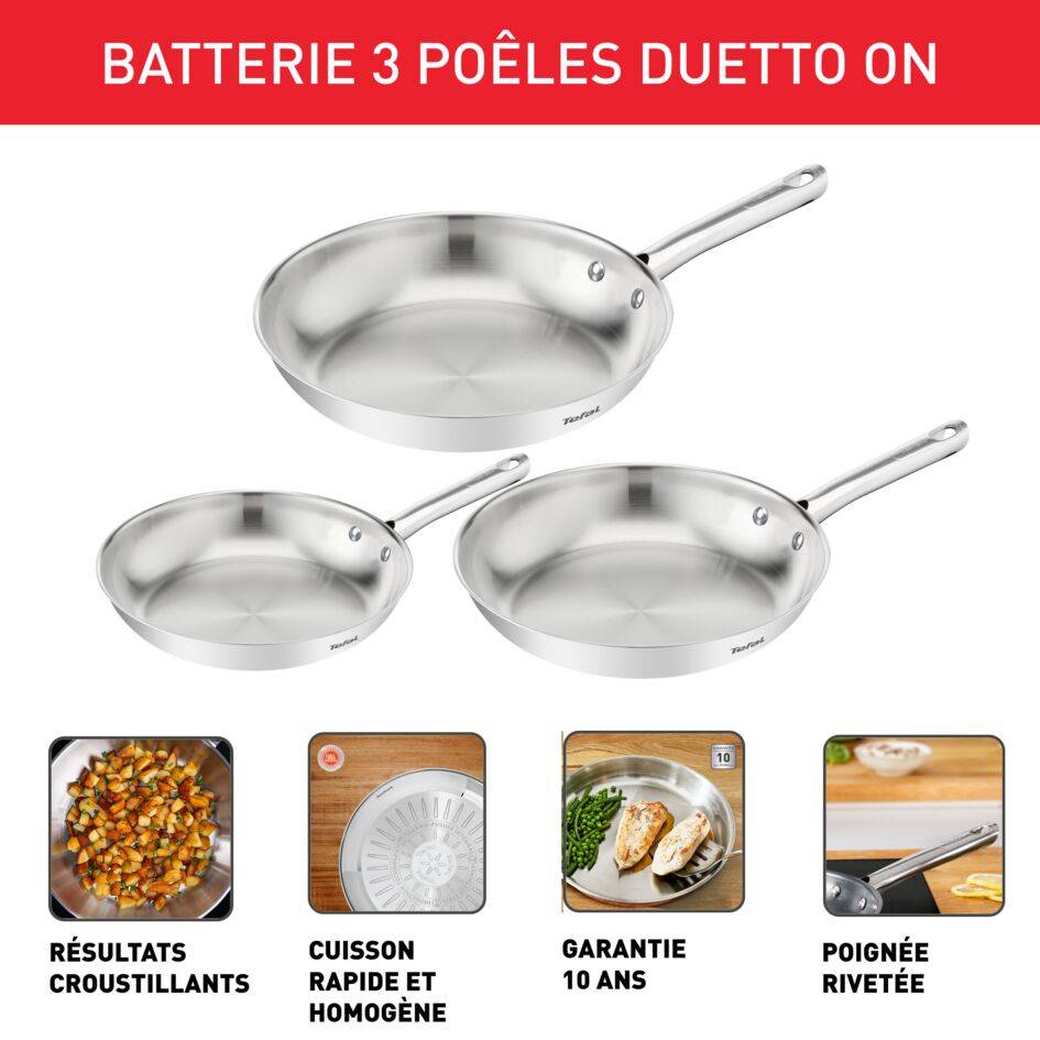 Duetto On, Batterie de 3&nbsp;poêles 20/24/28&nbsp;cm, Inox de qualité supérieure, Garantie 10&nbsp;ans