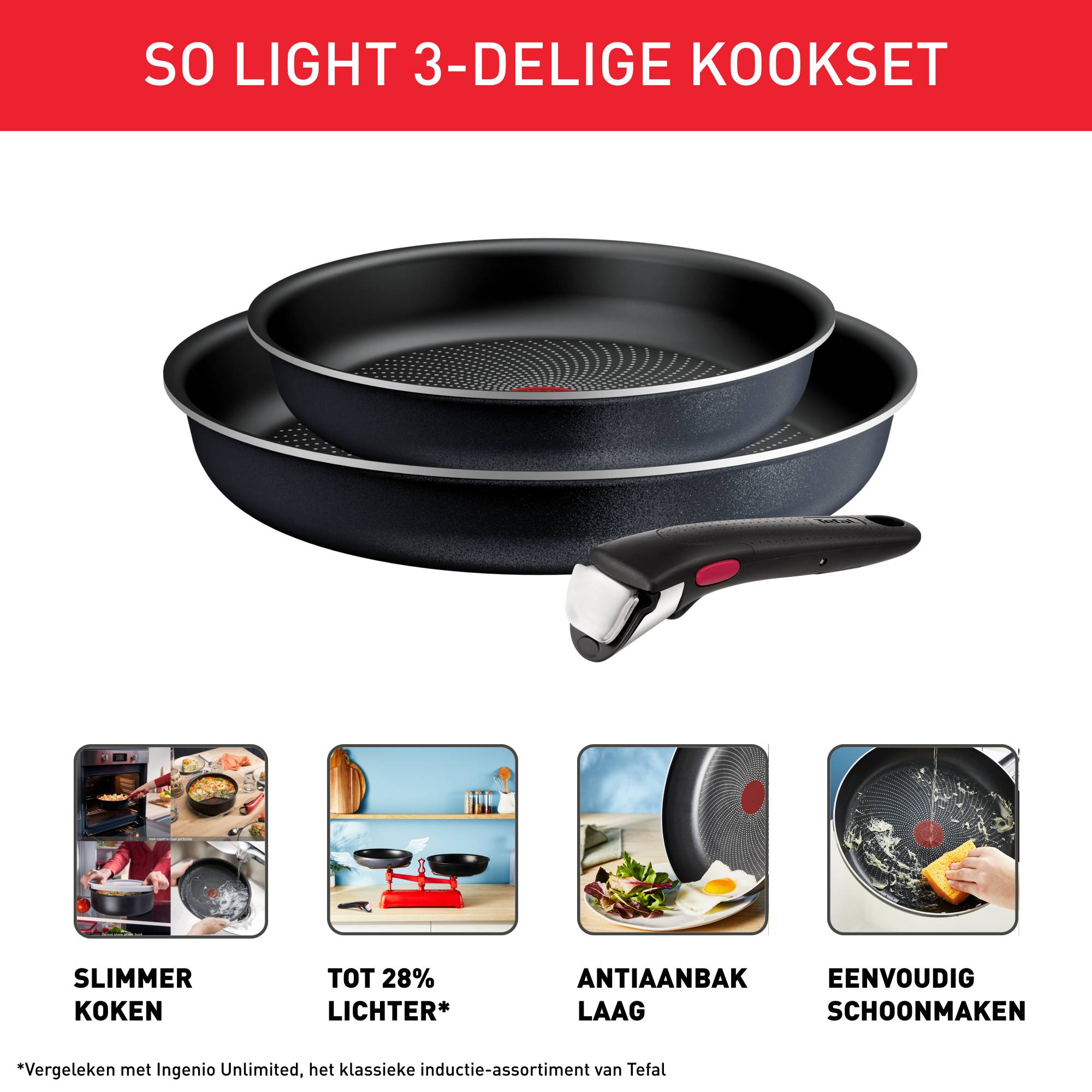 Ingenio So'Light L7239023 Set van 2 braadpannen 22/28cm + afneembare handgreep - Inductie
