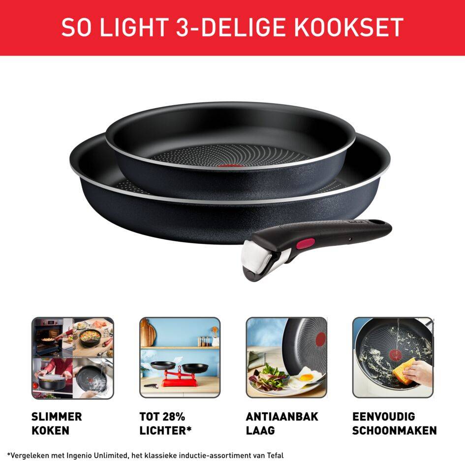Ingenio So'Light L7239023 Set van 2 braadpannen 22/28cm + afneembare handgreep - Inductie