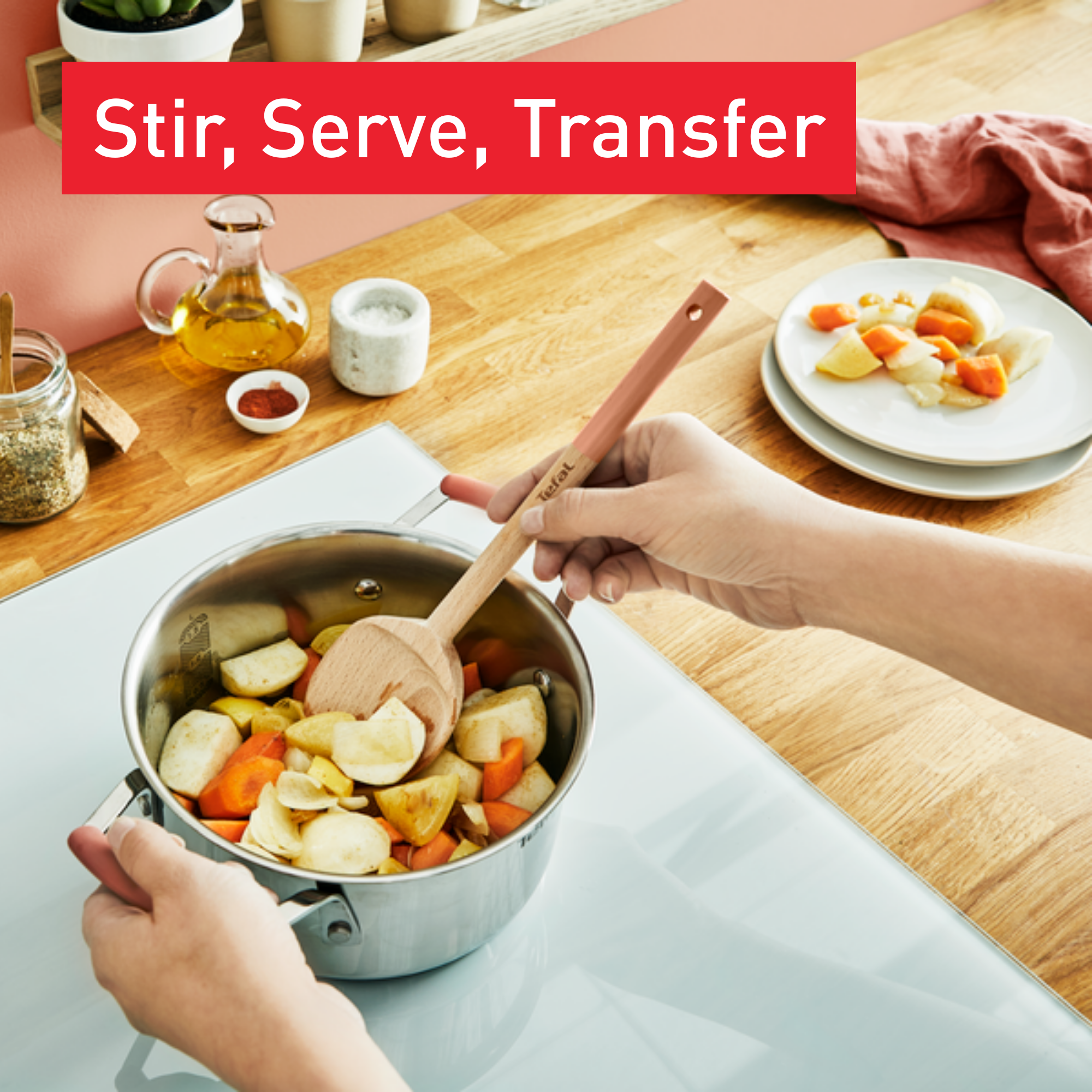 Natura K2705S04 Houten accessoireset met houder - schuine spatel + grote lepel + kleine lepel + spatel + houder - Terracotta