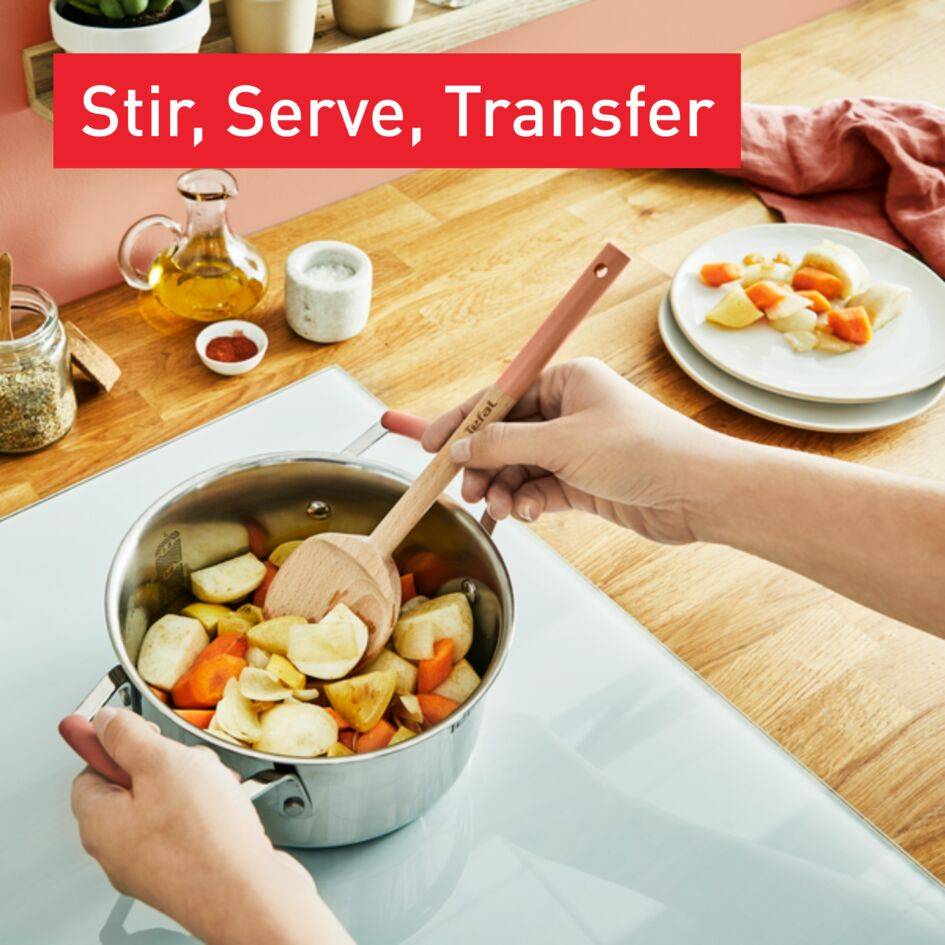 Natura K2705S04 Houten accessoireset met houder - schuine spatel + grote lepel + kleine lepel + spatel + houder - Terracotta