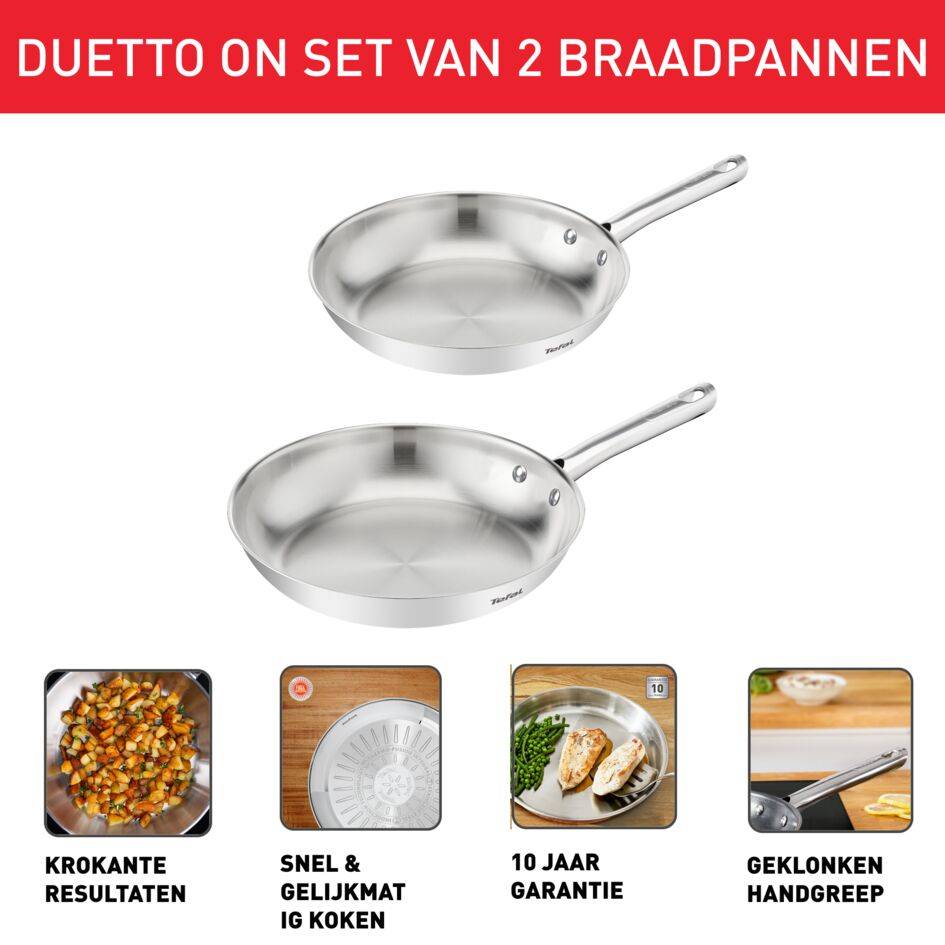 Duetto On, set 2 braadpannen 24/28 cm, premium roestvrij staal, 10 jaar garantie, krokante resultaten