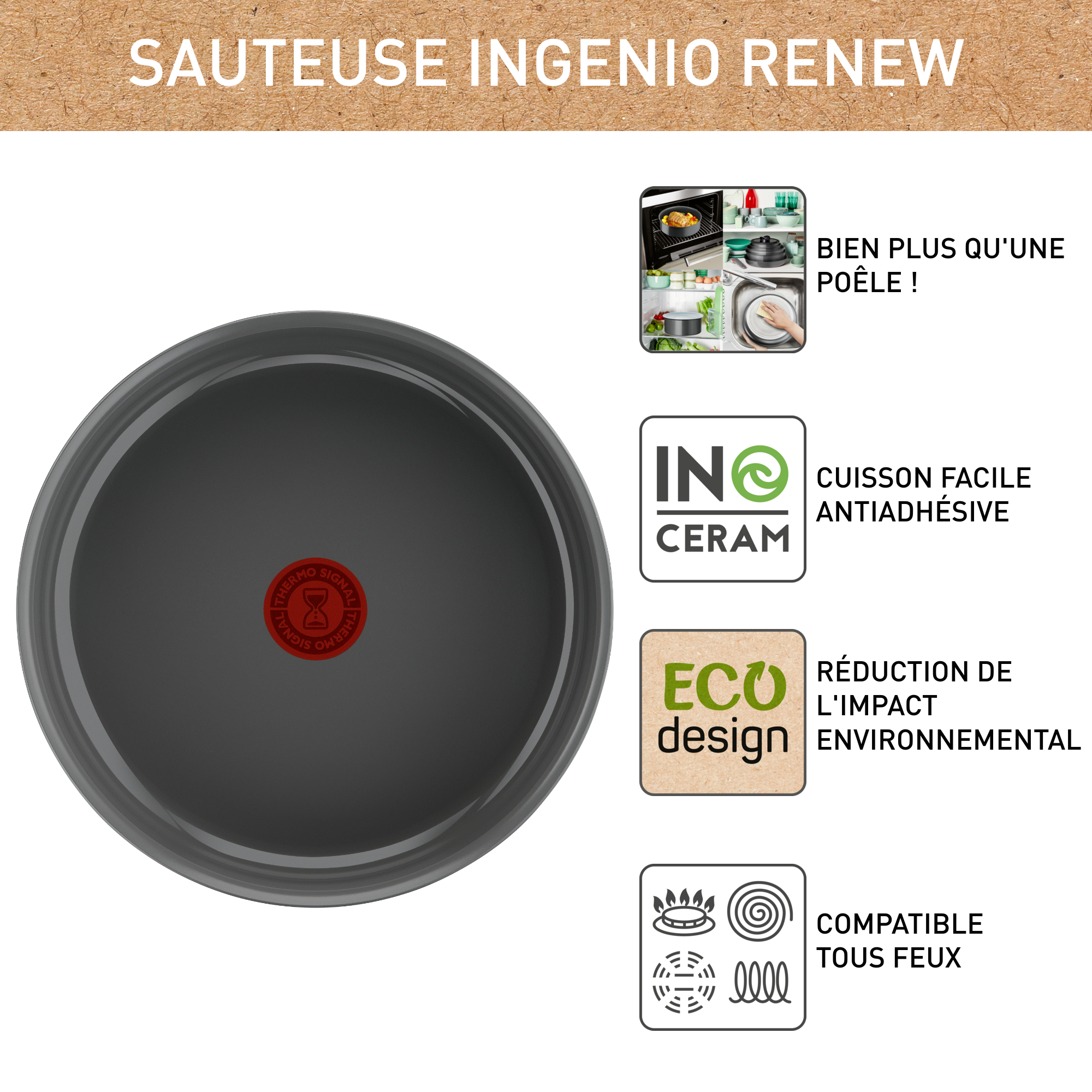 Ingenio Renew On L2603502 Sauteuse en céramique à poignée amovible - 24 cm - Induction