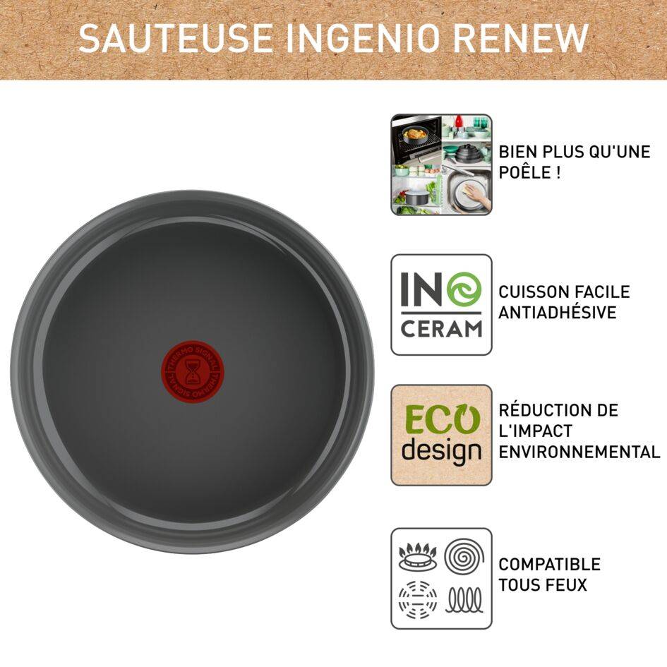 Ingenio Renew On L2603502 Sauteuse en céramique à poignée amovible - 24 cm - Induction