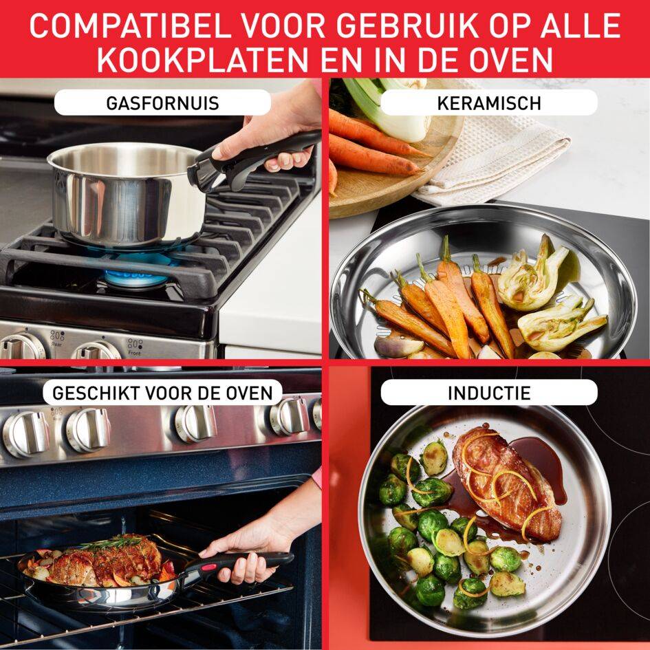 Ingenio Emotion L8968445  Set van 3 pannen 22/24/28 cm + afneembare handgreep - Inductie