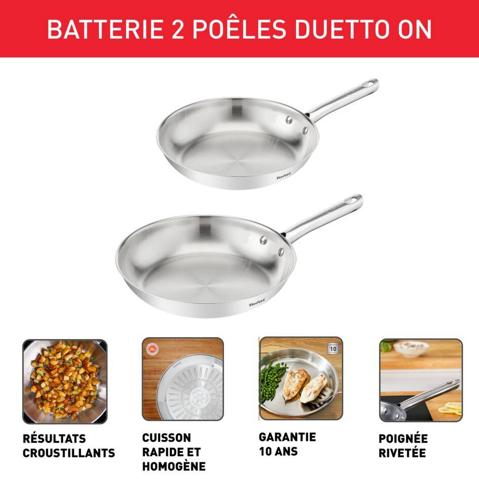 Duetto On, Batterie de 2&nbsp;poêles 24/28&nbsp;cm, Inox de qualité supérieure, Garantie de 10&nbsp;ans