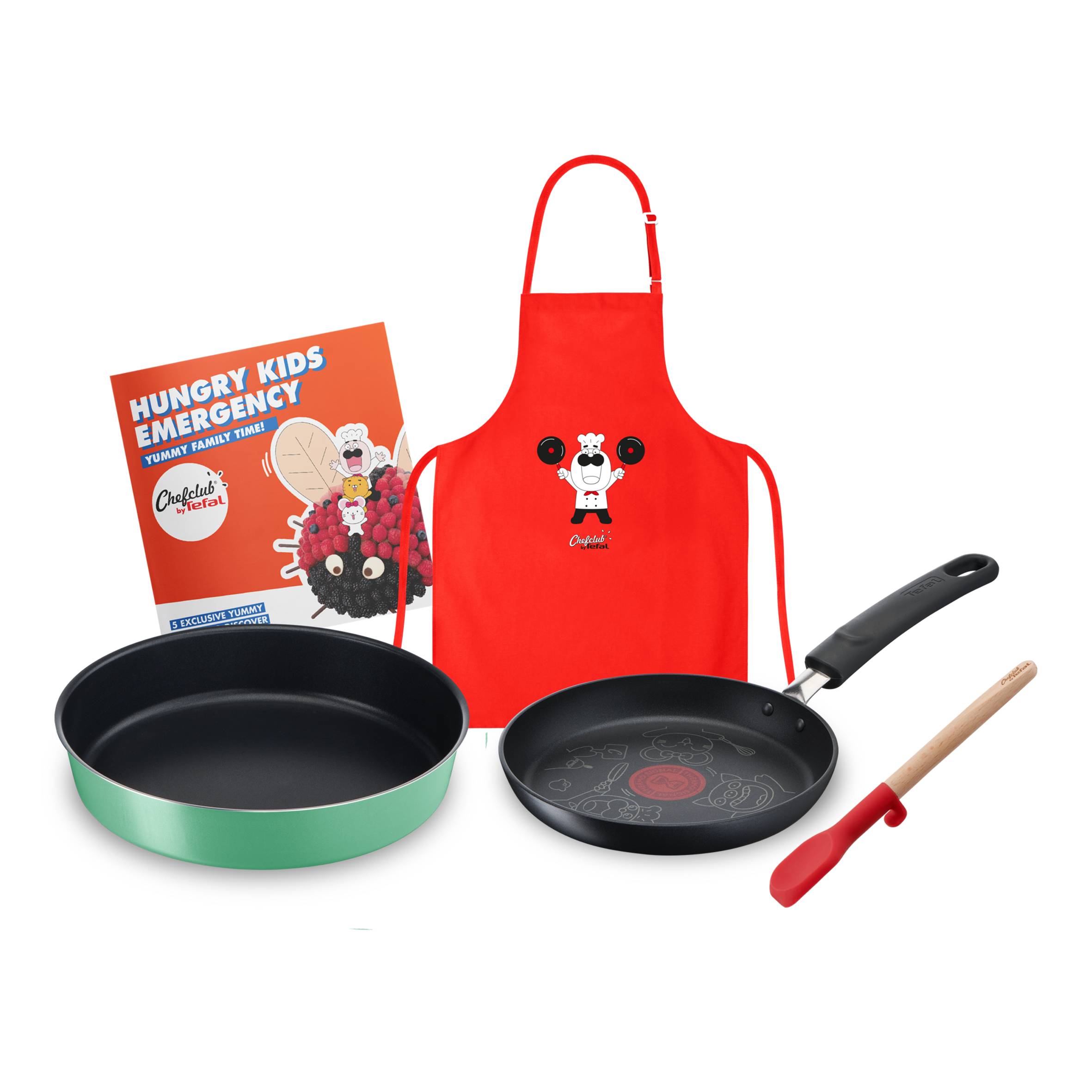 Chefclub van Tefal E5119003 Hungry Kids Emergency Set: Koekenpan 19 cm, Ronde Cake&nbsp;bakvorm 26 cm, Mini spatel, Kinderschort, Receptenboekje