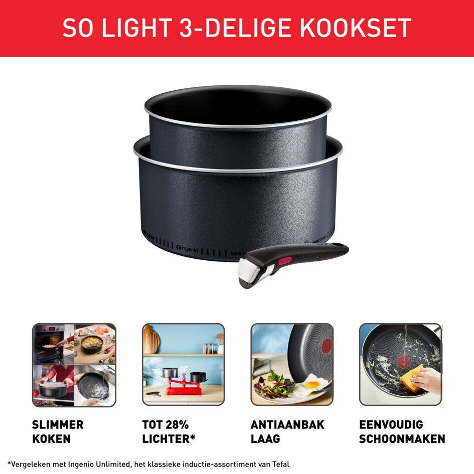 Ingenio So'Light L7239003 Set van 2 steelpannen 18/20 cm + afneembare handgreep - Inductie