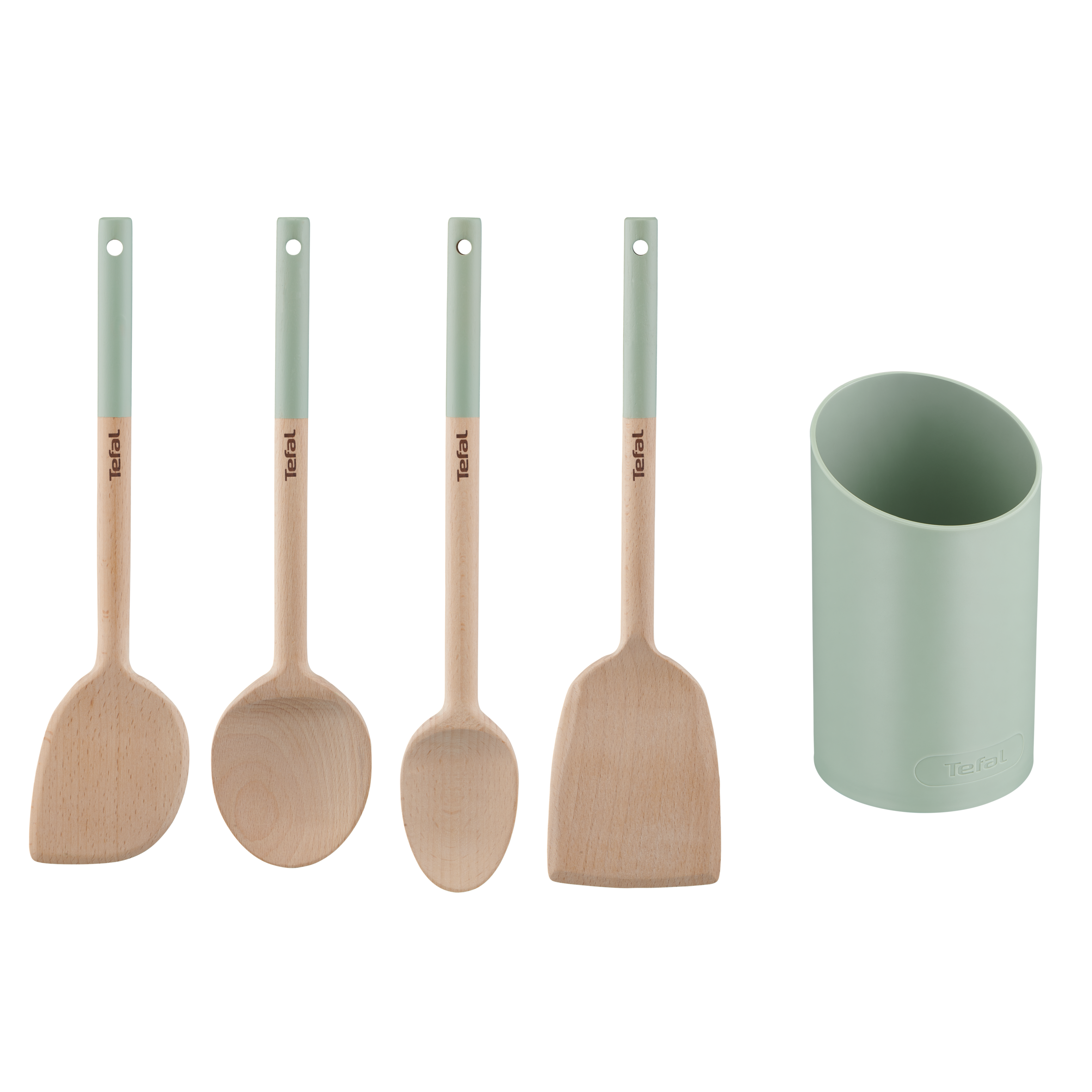 Natura K270S504 Set d'ustensiles en bois 28 cm  : Cuillère large + Spatule + Maryse + Cuillère&nbsp;+ pot - Sauge