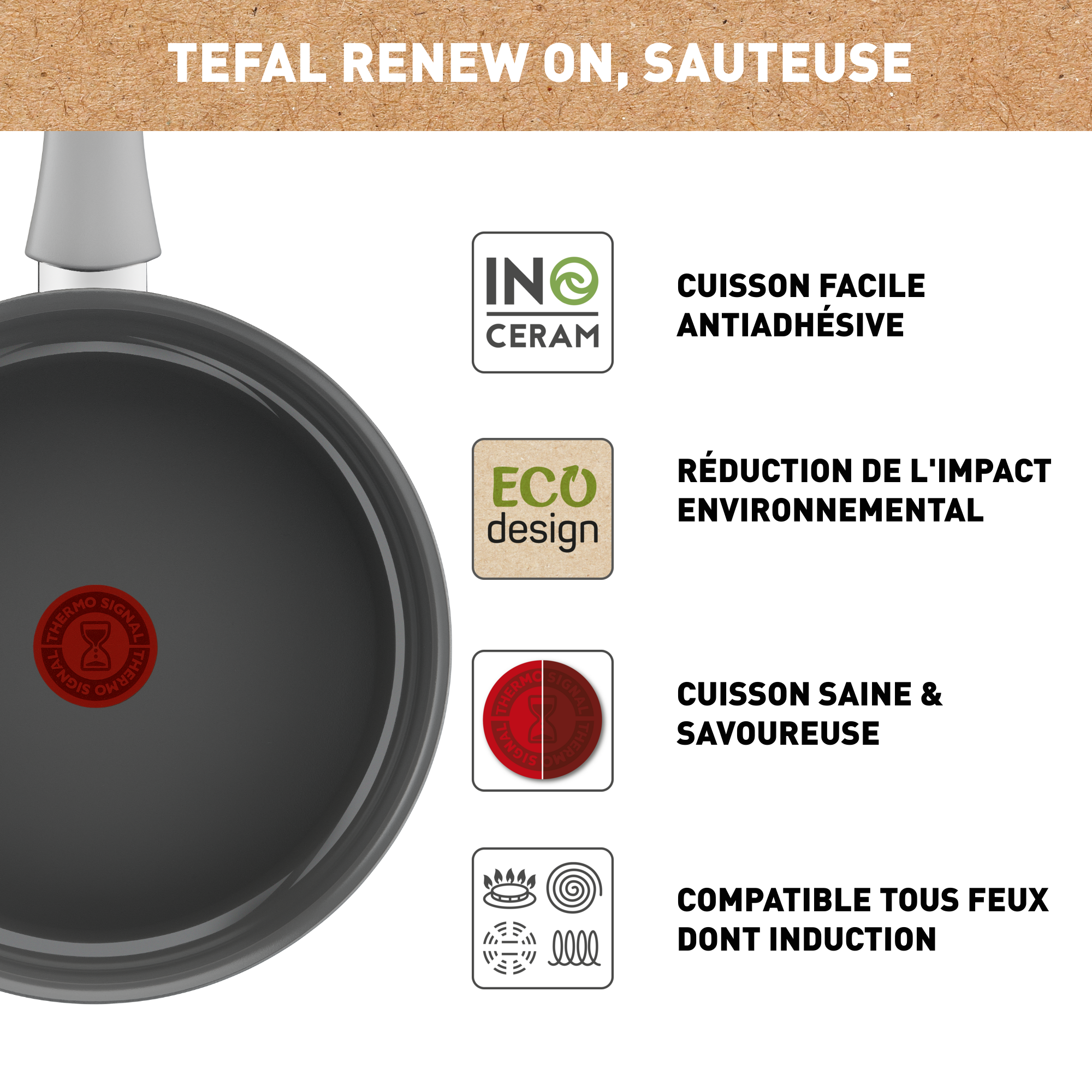 Renew On C4273232 Sauteuse en céramique + couvercle en verre - 24 cm - Induction