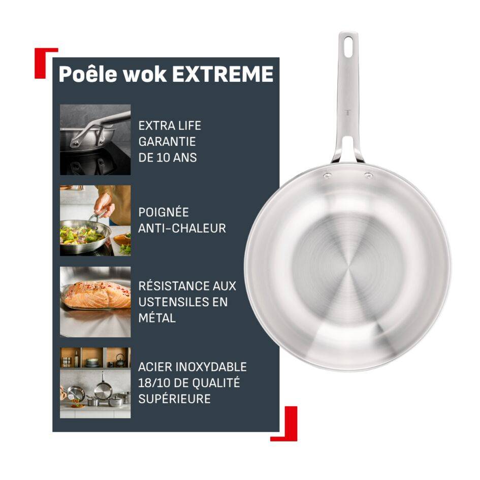 Extreme, Poêle wok 28&nbsp;cm, Acier inoxydable de qualité supérieure, Garantie 10&nbsp;ans