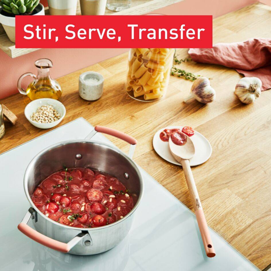 Natura K2705S04 Houten accessoireset  met houder - schuine spatel + grote lepel + kleine lepel + spatel + houder - Terracotta