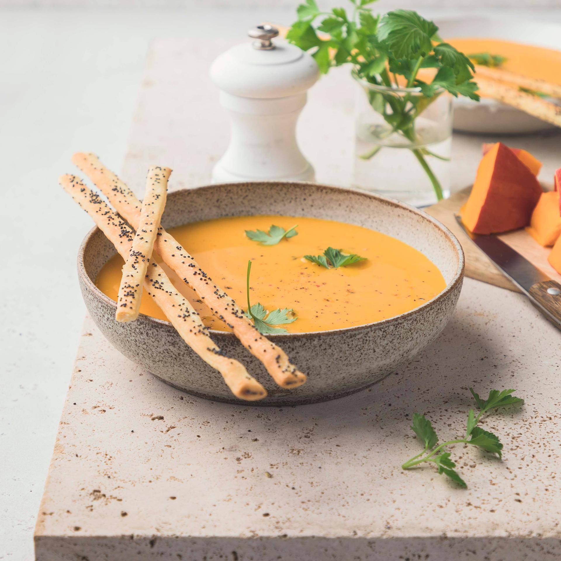 Velouté de potimarron au lait de coco et ses gressins - Recepten Poêles et Casseroles | Tefal