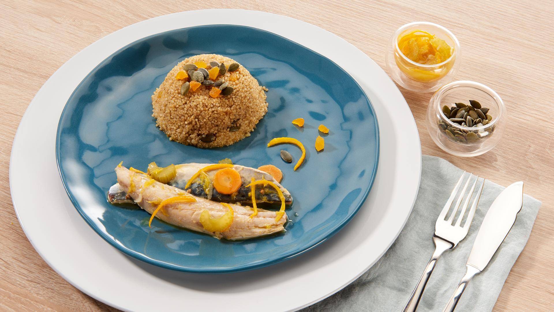 Maquereaux marinés à l'orange, salade de quinoa aux abricots secs et graines de courge - Recepten Poêles et Casseroles | Tefal
