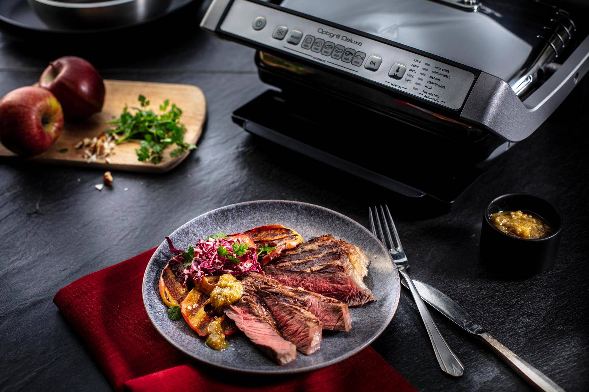 Rumsteck aux pommes grillées et au pesto de noix - Recette OptiGrill + | Tefal